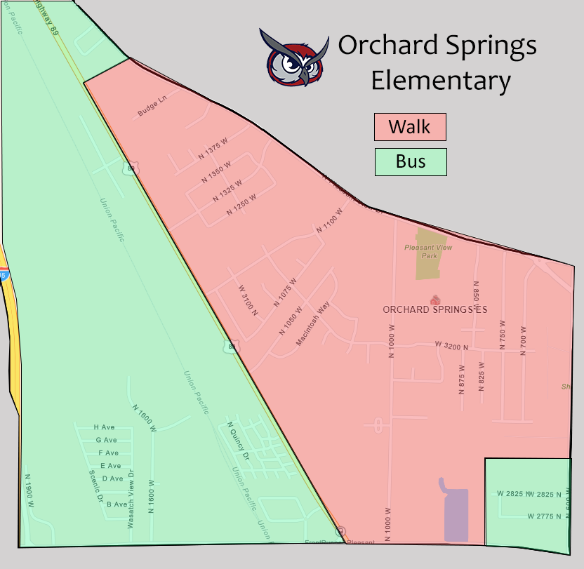 A map of walking and bus areas for Orchard Springs Elementary