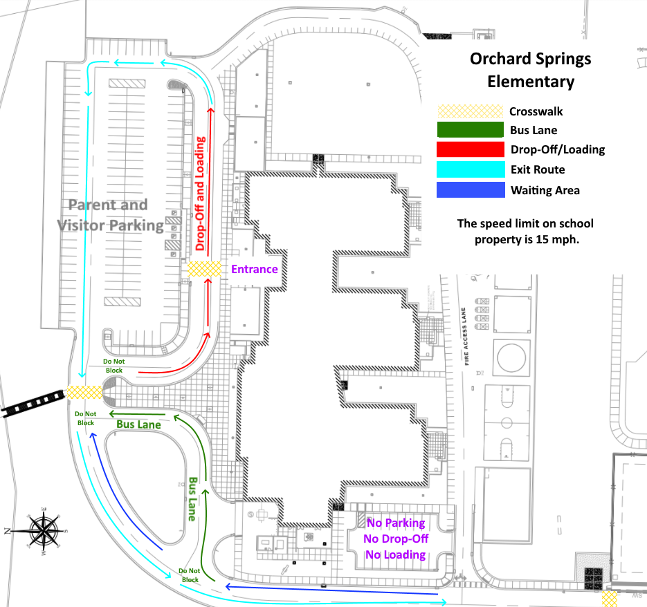 A map of the drop-off, loading, parking, and bus zones at Orchard Springs Elementary