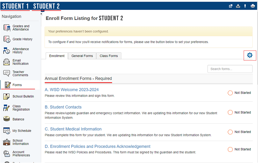 A screenshot of the enrollment forms page.
