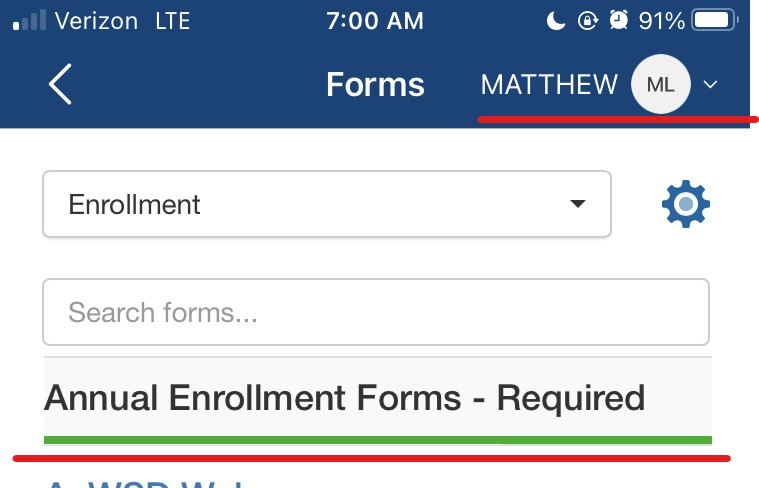 The forms view in the PowerSchool Parent app.