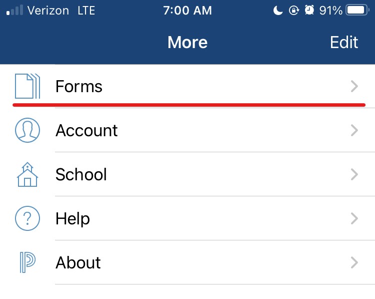 The options on the 'more' menu of the PowerSchool Parent app.
