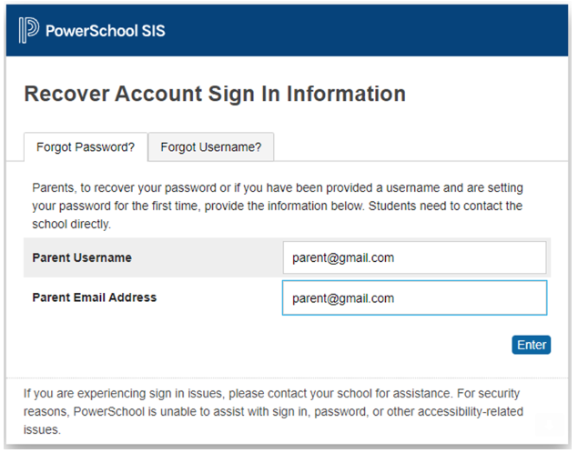 The 'Recover Account Sign In Information' screen.