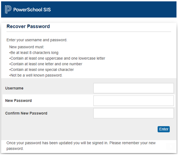 The PowerSchool 'Recover Password' screen.